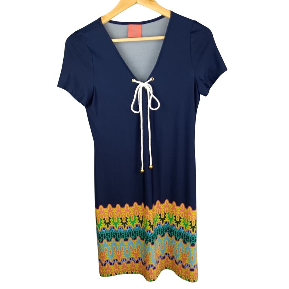 Tracy Negoshian Navy Dress with Colorful Hem